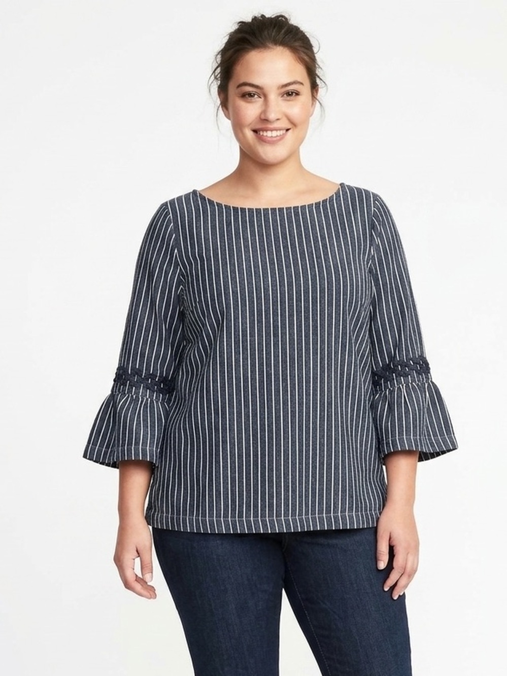 Banana Republic Navy and White Pinstripe Bell-Sleeve Top Size XL